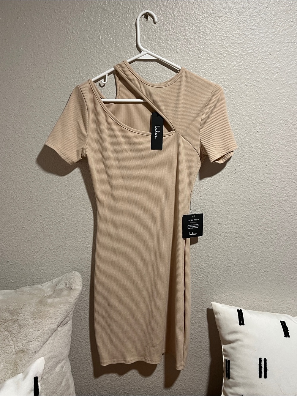 Lulu's Nude Asymmetric Ribbed Cutout Bodycon Dress